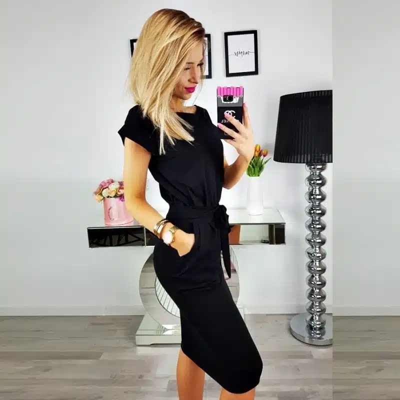 2019 New Summer Fashion Women Casual Short Sleeve O-Neck Straight Black Gray Blue Dress Loose Plus Size Pocket Cotton Midi Dress 17