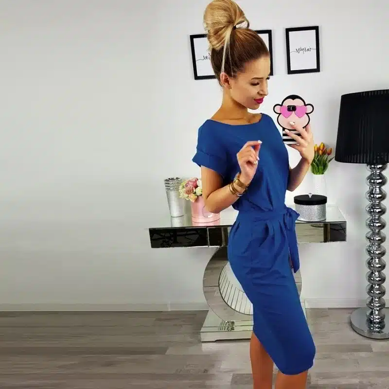 2019 New Summer Fashion Women Casual Short Sleeve O-Neck Straight Black Gray Blue Dress Loose Plus Size Pocket Cotton Midi Dress 23