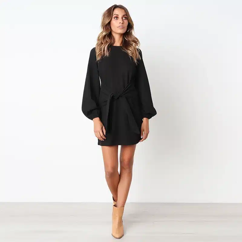 2019 Summer Autumn Dress Fashion Women Casual Loose Elegant Dress Good Quality O-Neck Sexy Black White Dress With Belt Vestidos 26