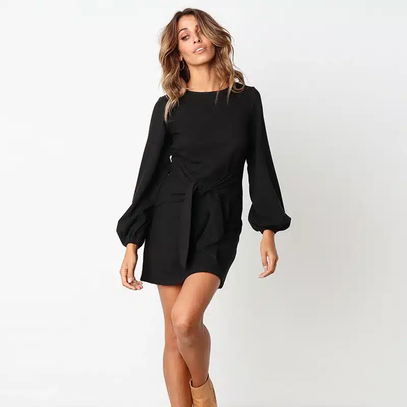 2019 Summer Autumn Dress Fashion Women Casual Loose Elegant Dress Good Quality O-Neck Sexy Black White Dress With Belt Vestidos 27