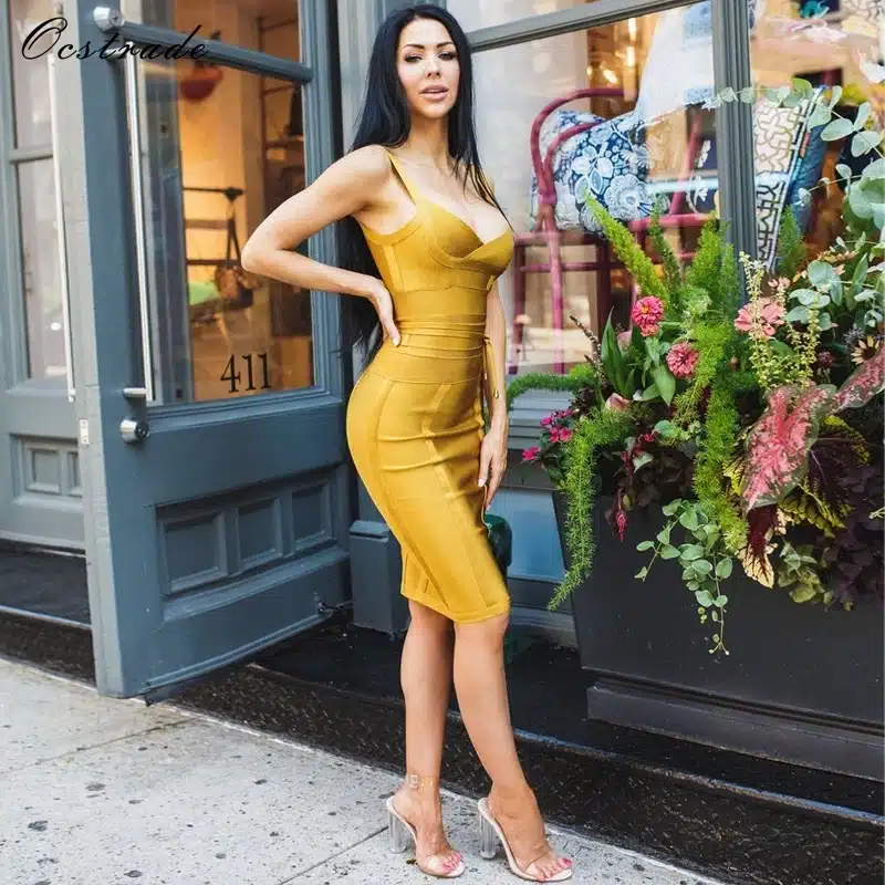 Ocstrade Women Bandage Dress 2019 Rayon Sleeveless Summer New Arrivals Sexy Deep v Neck Vestido Bodycon Bandage Dress Club Party 4