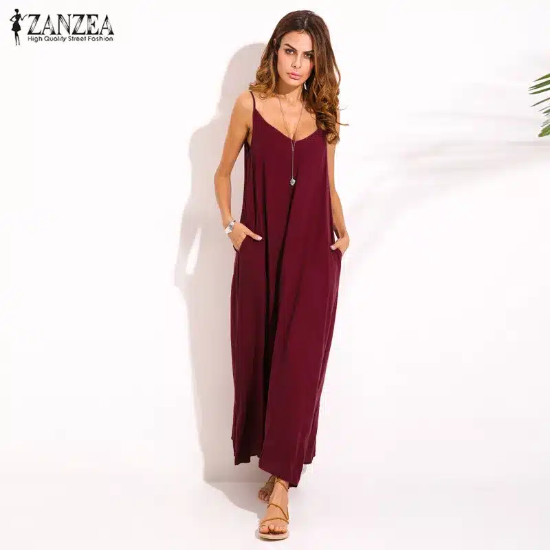 ZANZEA 2019 Summer Vestidos Women Dress Strapless V-neck Sleeveless Baggy Long Maxi Dresses Sexy Beach Sundress Robe Femme S-5XL 12