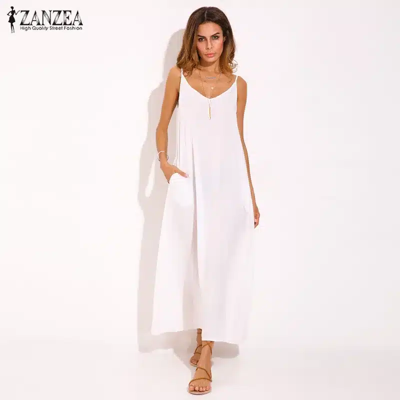 ZANZEA 2019 Summer Vestidos Women Dress Strapless V-neck Sleeveless Baggy Long Maxi Dresses Sexy Beach Sundress Robe Femme S-5XL 17