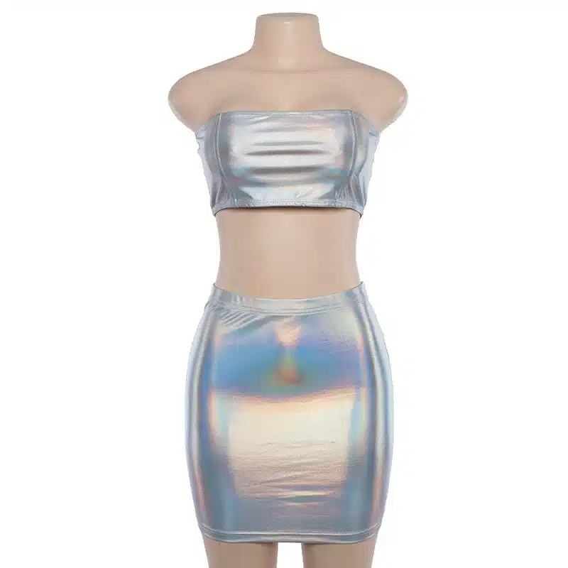 ANJAMANOR Glitter Holographic Sexy Two Piece Set Summer 2019 Woman Club Outfits Crop Top and Skirt Bodycon Short Dress D71-I02 18