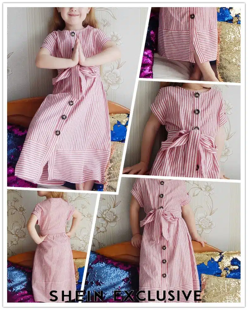 SHEIN Kiddie Pink Button Up Belted Striped Elegant Shirt Dress Girls Clothing 2019 Summer Korean Fashion Casual Girls Long Dress 12