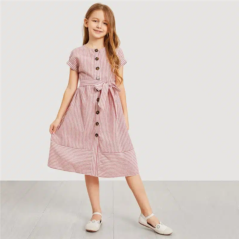 SHEIN Kiddie Pink Button Up Belted Striped Elegant Shirt Dress Girls Clothing 2019 Summer Korean Fashion Casual Girls Long Dress 14