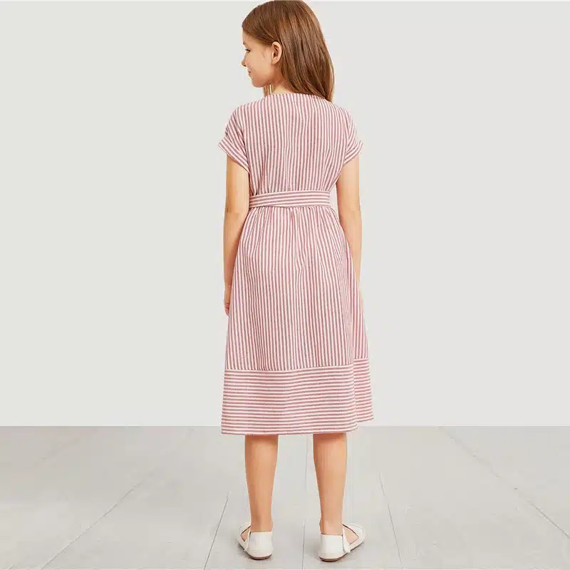 SHEIN Kiddie Pink Button Up Belted Striped Elegant Shirt Dress Girls Clothing 2019 Summer Korean Fashion Casual Girls Long Dress 15
