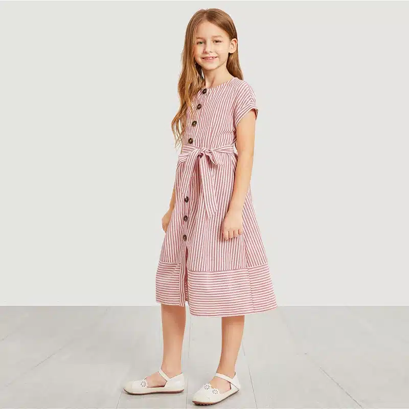 SHEIN Kiddie Pink Button Up Belted Striped Elegant Shirt Dress Girls Clothing 2019 Summer Korean Fashion Casual Girls Long Dress 17