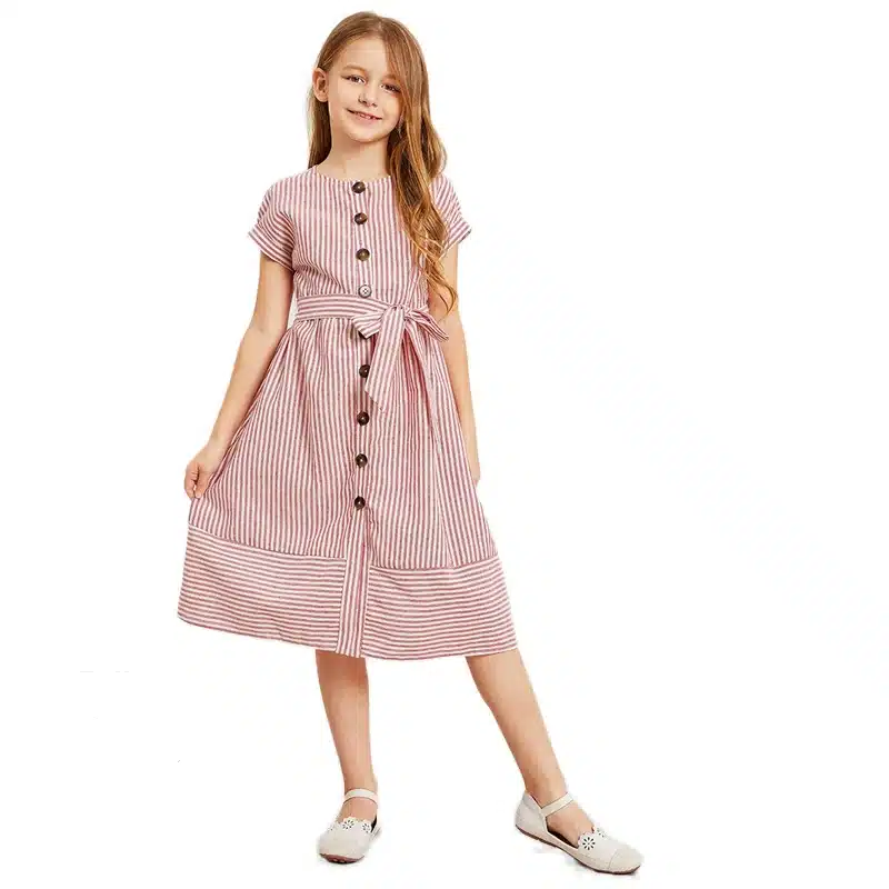 SHEIN Kiddie Pink Button Up Belted Striped Elegant Shirt Dress Girls Clothing 2019 Summer Korean Fashion Casual Girls Long Dress 18