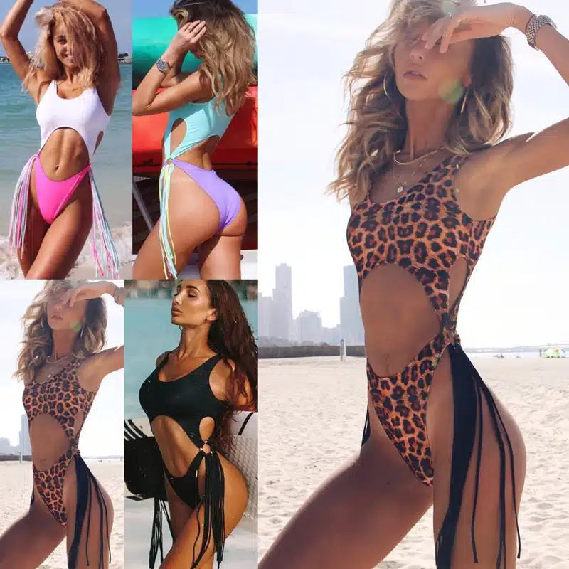 Swimsuit 2019 One Piece Swimsuit Patchwork Swimwear Women One Piece Tassel Monokini Piecework Women's Swimming Suit Bathing Suit 14