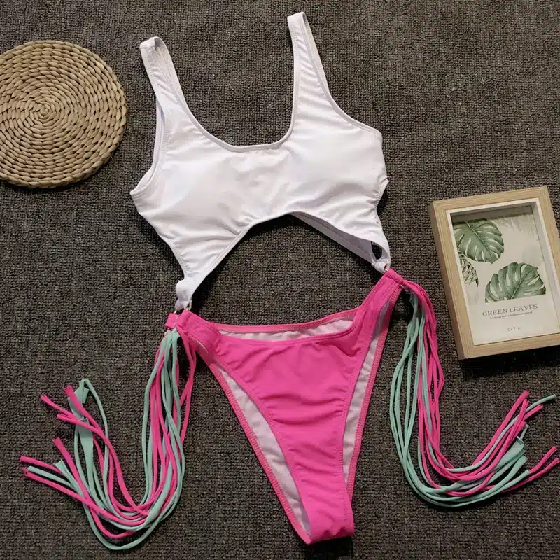 Swimsuit 2019 One Piece Swimsuit Patchwork Swimwear Women One Piece Tassel Monokini Piecework Women's Swimming Suit Bathing Suit 22