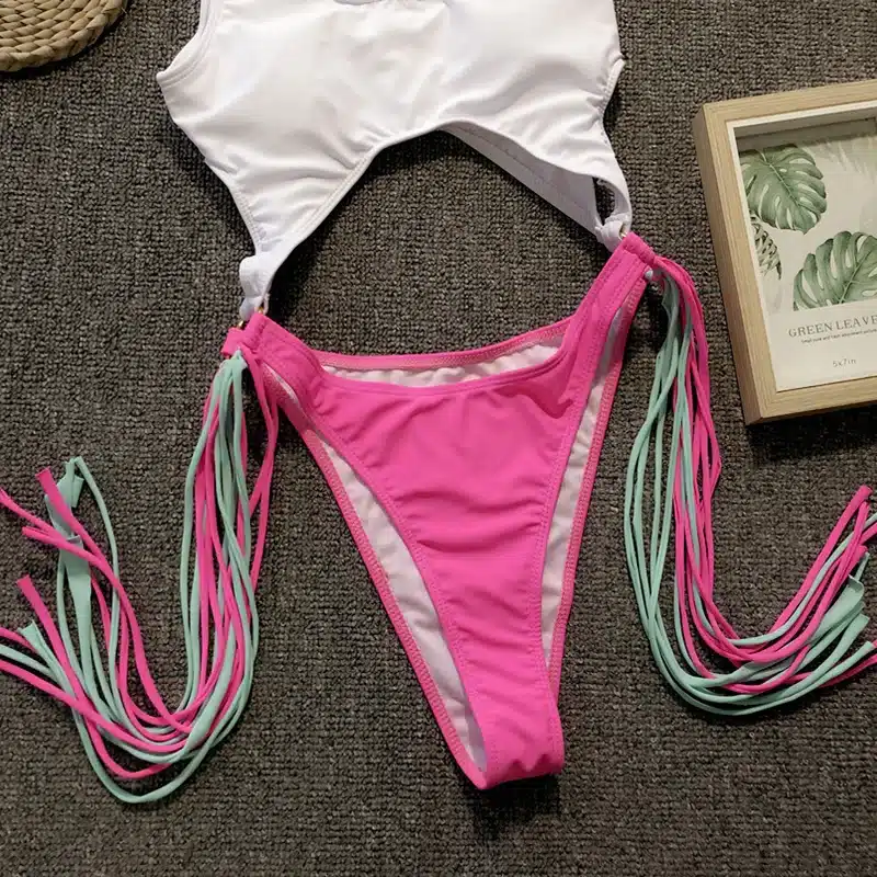 Swimsuit 2019 One Piece Swimsuit Patchwork Swimwear Women One Piece Tassel Monokini Piecework Women's Swimming Suit Bathing Suit 23