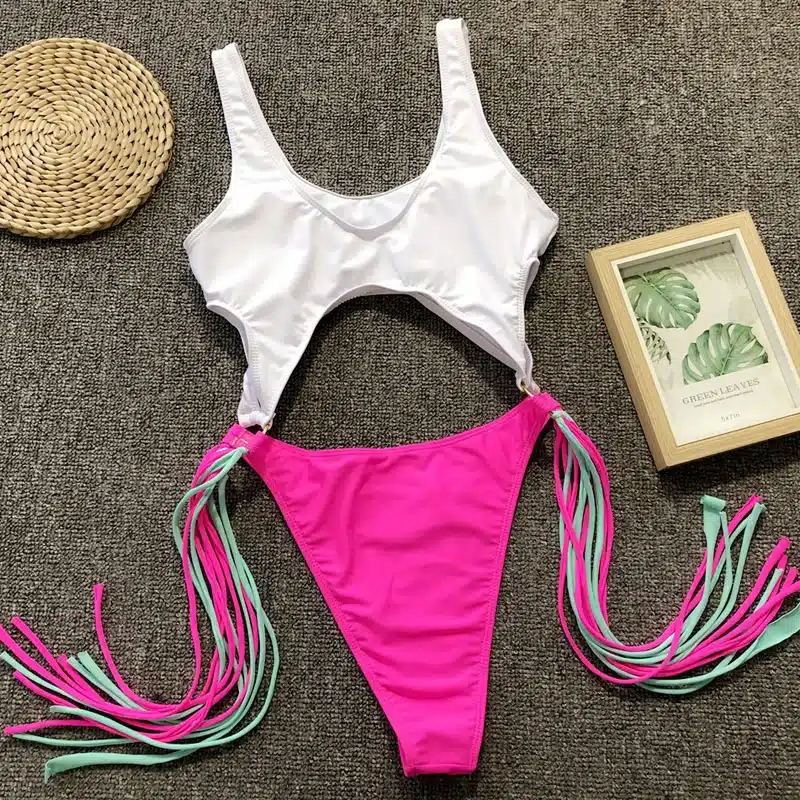 Swimsuit 2019 One Piece Swimsuit Patchwork Swimwear Women One Piece Tassel Monokini Piecework Women's Swimming Suit Bathing Suit 25