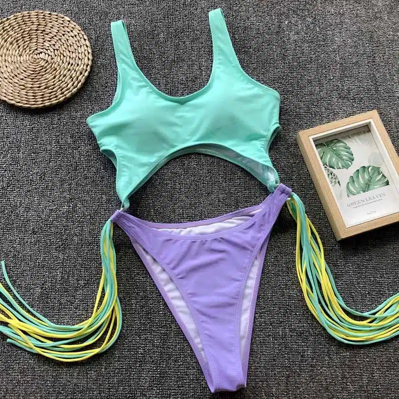 Swimsuit 2019 One Piece Swimsuit Patchwork Swimwear Women One Piece Tassel Monokini Piecework Women's Swimming Suit Bathing Suit 26