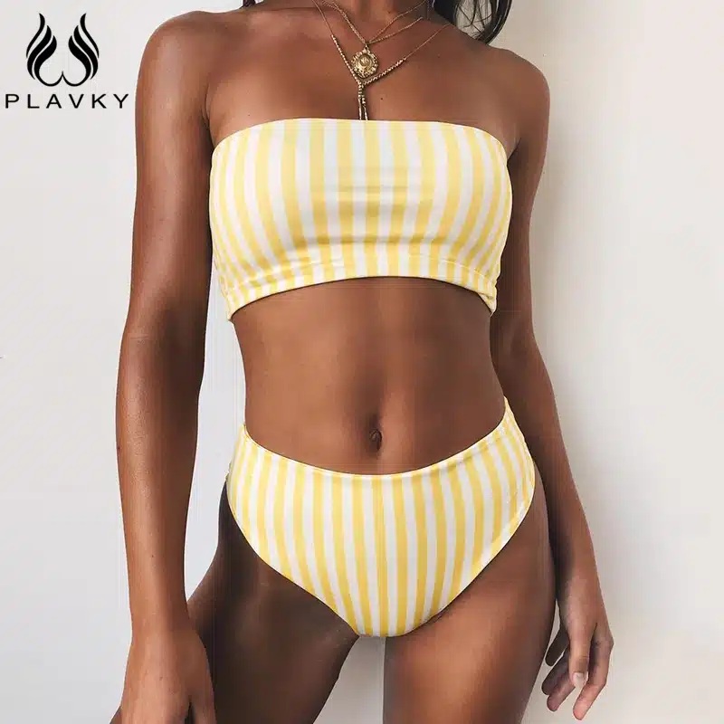 PLAVKY 2019 Retro Sexy Yellow Striped Strapless Bandeau Biquini Cut High Waist Swim Bathing Suit Swimsuit Swimwear Women Bikini 13