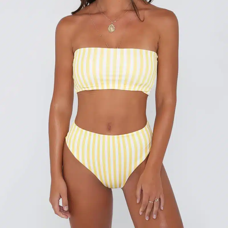 PLAVKY 2019 Retro Sexy Yellow Striped Strapless Bandeau Biquini Cut High Waist Swim Bathing Suit Swimsuit Swimwear Women Bikini 14