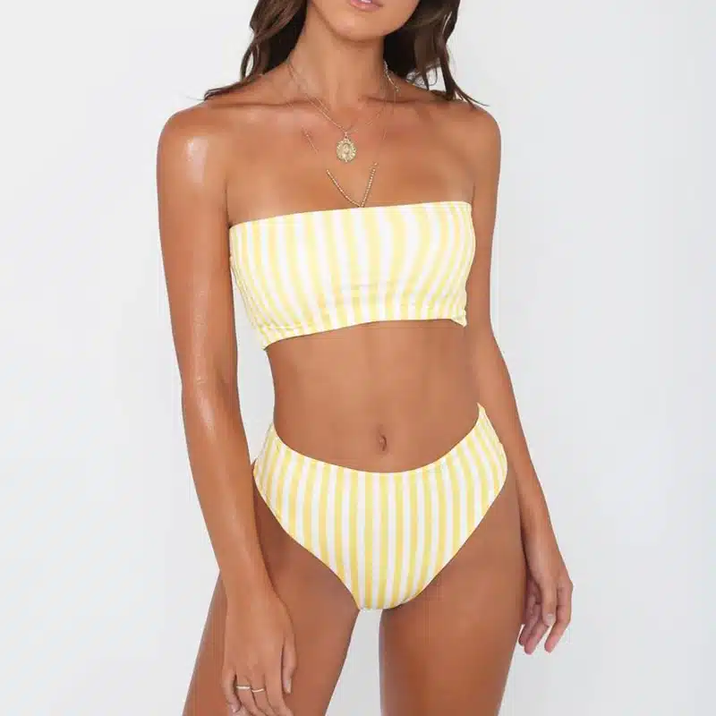 PLAVKY 2019 Retro Sexy Yellow Striped Strapless Bandeau Biquini Cut High Waist Swim Bathing Suit Swimsuit Swimwear Women Bikini 15