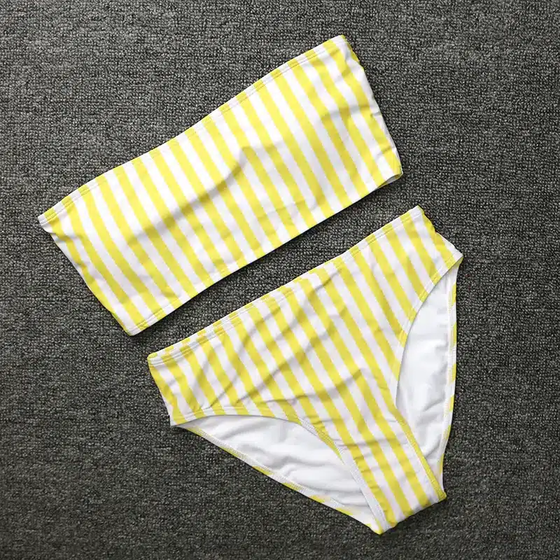 PLAVKY 2019 Retro Sexy Yellow Striped Strapless Bandeau Biquini Cut High Waist Swim Bathing Suit Swimsuit Swimwear Women Bikini 17