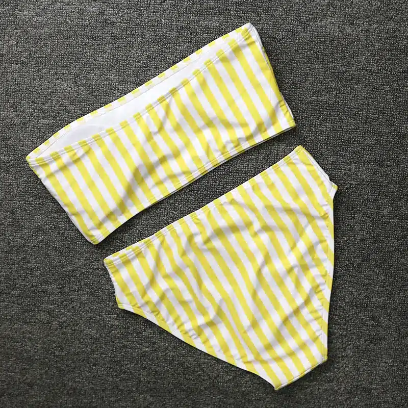 PLAVKY 2019 Retro Sexy Yellow Striped Strapless Bandeau Biquini Cut High Waist Swim Bathing Suit Swimsuit Swimwear Women Bikini 18