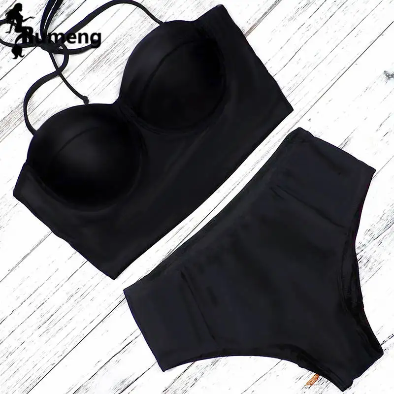 RUMENG Bikini Set Bandeau Black Bikinis Push up Swimsuit High Waist Plus Size Swimwear Women Suits Biquini 2019 New bikini 2