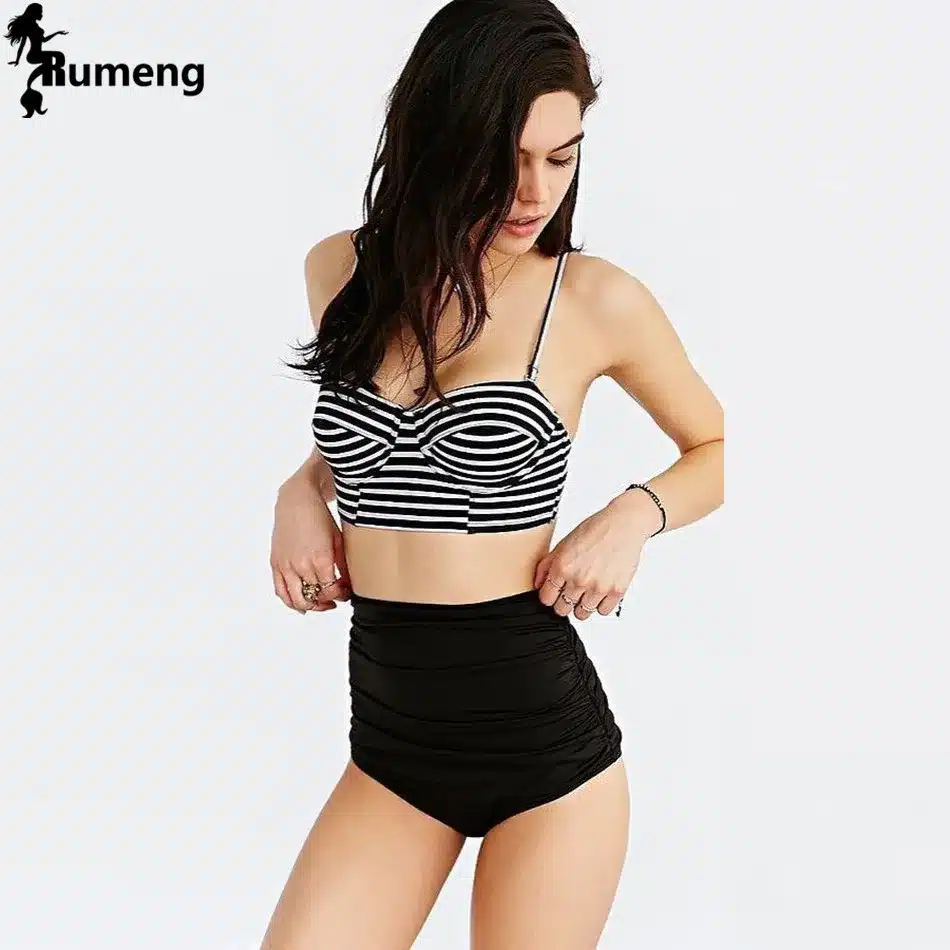 RUMENG Bikini Set Bandeau Black Bikinis Push up Swimsuit High Waist Plus Size Swimwear Women Suits Biquini 2019 New bikini 4