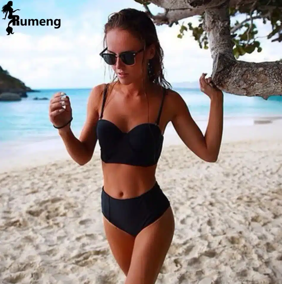 RUMENG Bikini Set Bandeau Black Bikinis Push up Swimsuit High Waist Plus Size Swimwear Women Suits Biquini 2019 New bikini 5