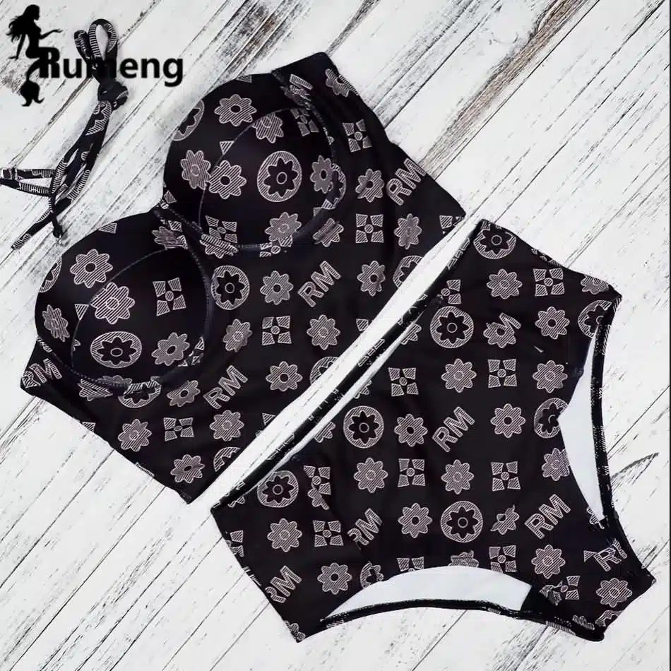 RUMENG Bikini Set Bandeau Black Bikinis Push up Swimsuit High Waist Plus Size Swimwear Women Suits Biquini 2019 New bikini 19