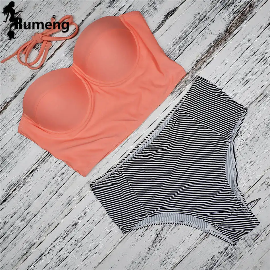 RUMENG Bikini Set Bandeau Black Bikinis Push up Swimsuit High Waist Plus Size Swimwear Women Suits Biquini 2019 New bikini 27