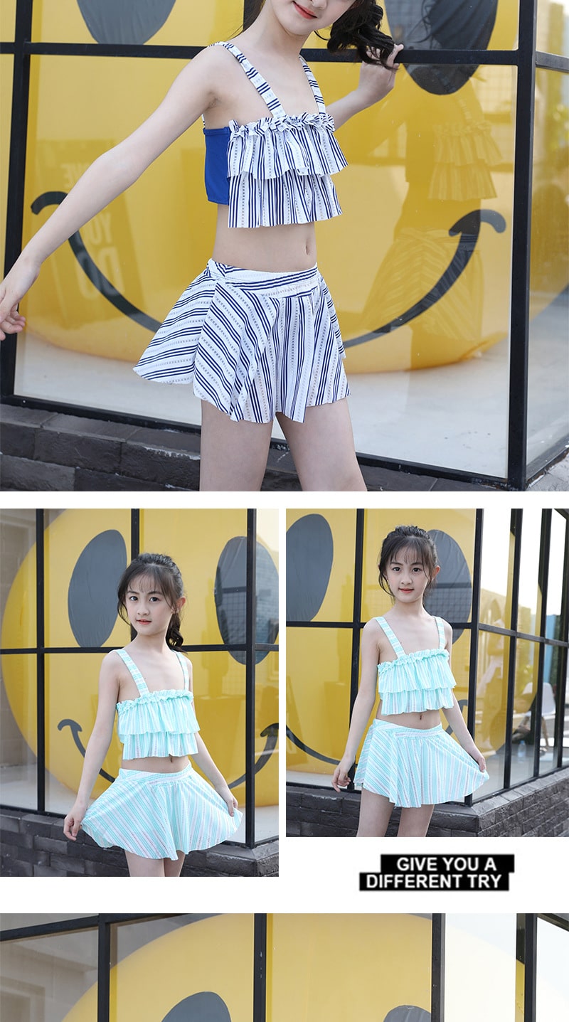 Princess Striped Girls Swimsuits Two Pieces Swim Wear Kids Bathing Suits Cute Beach Skirt 9-12Years Children Girls Swimwear 14