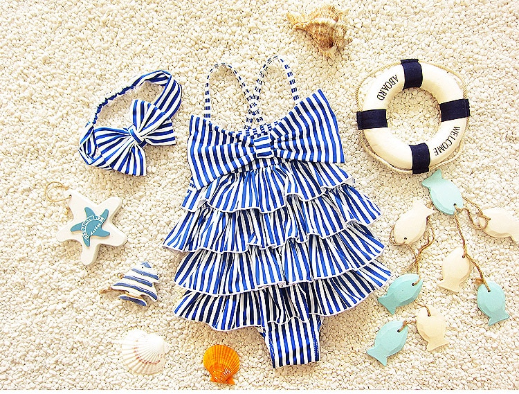 Children Swimsuits For Girls Baby Kids Beach One Piece Swimwear Navy Style Blue Striped Bathing Suit 2-9 Years Swimming Clothing 9