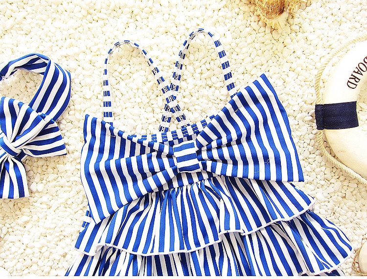 Children Swimsuits For Girls Baby Kids Beach One Piece Swimwear Navy Style Blue Striped Bathing Suit 2-9 Years Swimming Clothing 12