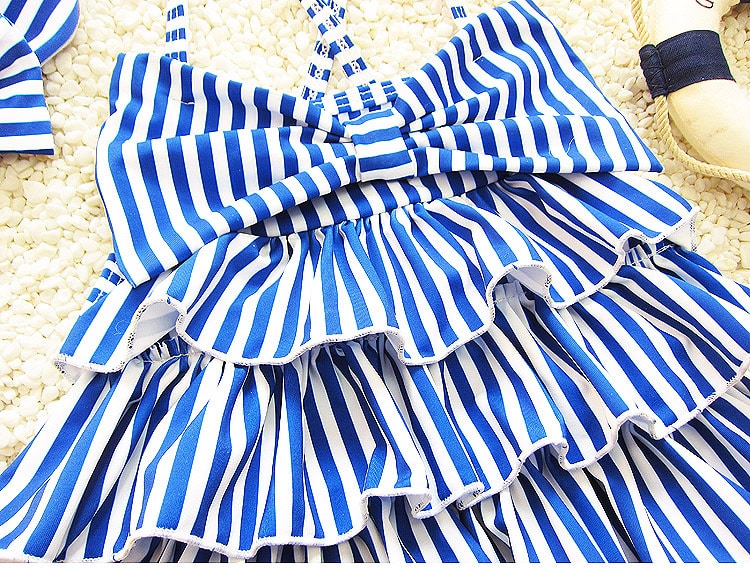 Children Swimsuits For Girls Baby Kids Beach One Piece Swimwear Navy Style Blue Striped Bathing Suit 2-9 Years Swimming Clothing 13