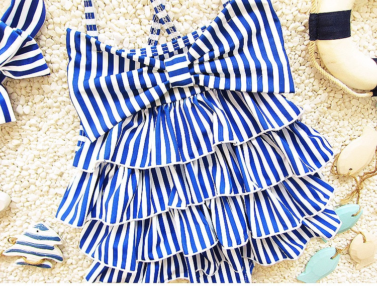 Children Swimsuits For Girls Baby Kids Beach One Piece Swimwear Navy Style Blue Striped Bathing Suit 2-9 Years Swimming Clothing 14