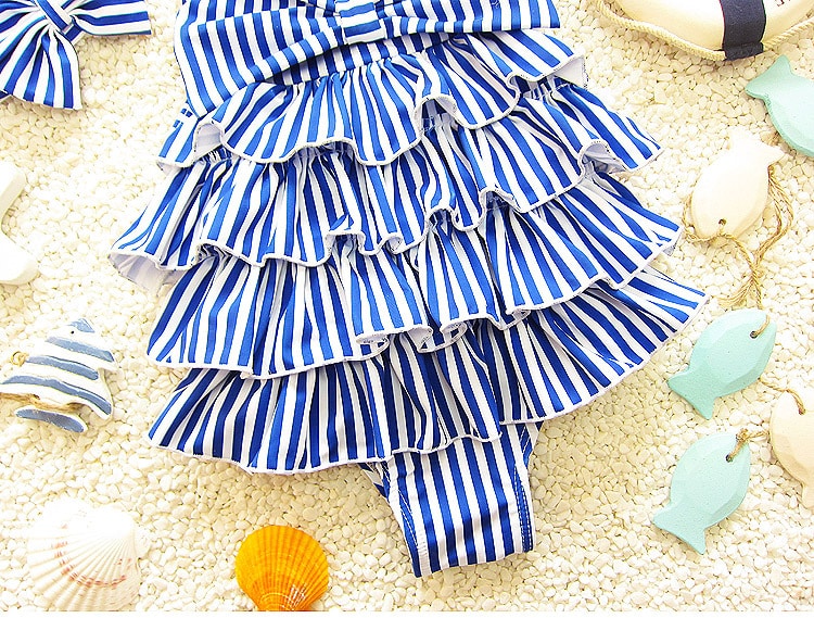 Children Swimsuits For Girls Baby Kids Beach One Piece Swimwear Navy Style Blue Striped Bathing Suit 2-9 Years Swimming Clothing 15