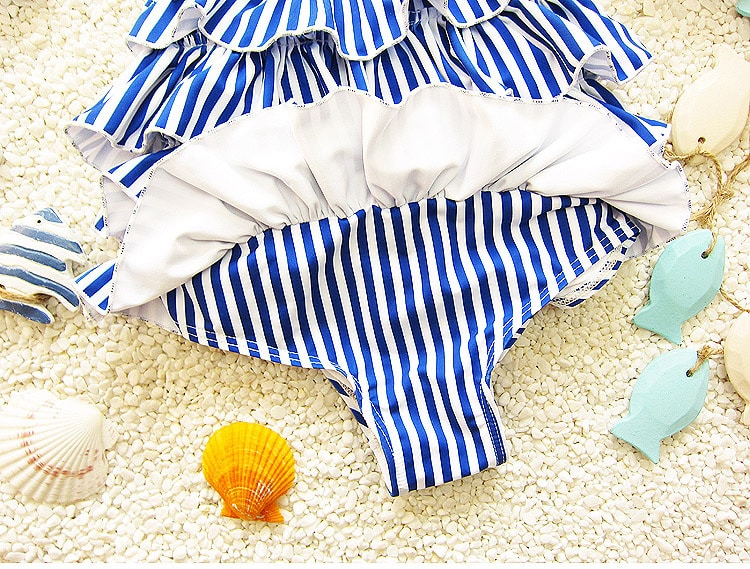 Children Swimsuits For Girls Baby Kids Beach One Piece Swimwear Navy Style Blue Striped Bathing Suit 2-9 Years Swimming Clothing 16