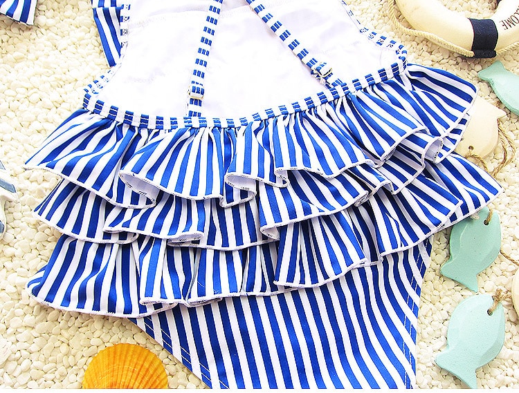 Children Swimsuits For Girls Baby Kids Beach One Piece Swimwear Navy Style Blue Striped Bathing Suit 2-9 Years Swimming Clothing 19