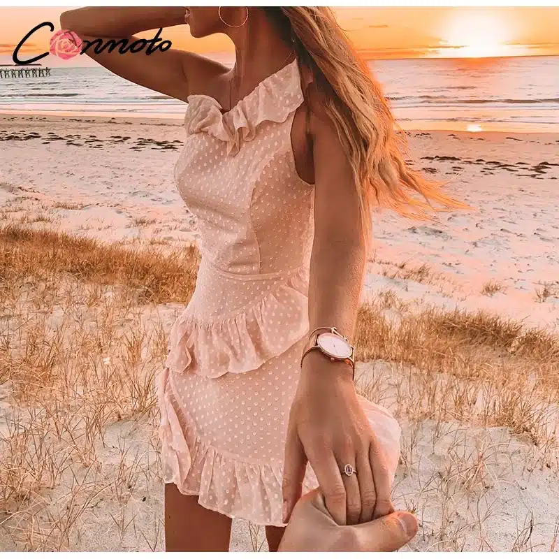 Conmoto Casual Polka Dot Short Dress Girls 2019 Summer NEW One-Shoulder Sleeveless Ruffle Chiffon Dress Women Vestidos 11