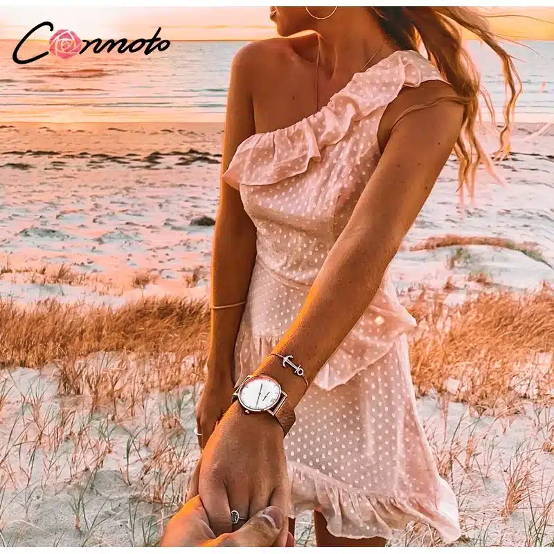 Conmoto Casual Polka Dot Short Dress Girls 2019 Summer NEW One-Shoulder Sleeveless Ruffle Chiffon Dress Women Vestidos 12