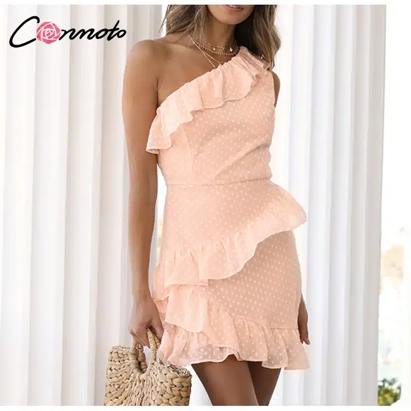 Conmoto Casual Polka Dot Short Dress Girls 2019 Summer NEW One-Shoulder Sleeveless Ruffle Chiffon Dress Women Vestidos 15