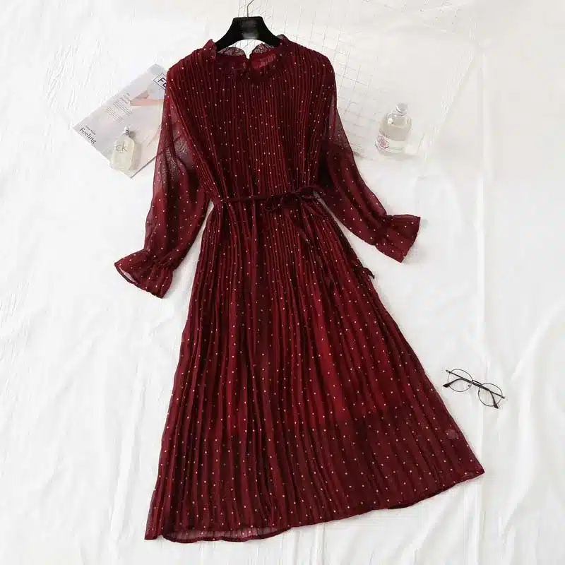 Women Print Pleated Chiffon Dress 2019 Spring Summer New Hot Fashion Female Casual Flare Sleeve Lotus leaf neck Basic Dresses 4