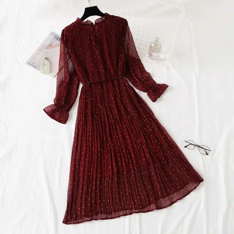 Women Print Pleated Chiffon Dress 2019 Spring Summer New Hot Fashion Female Casual Flare Sleeve Lotus leaf neck Basic Dresses 5