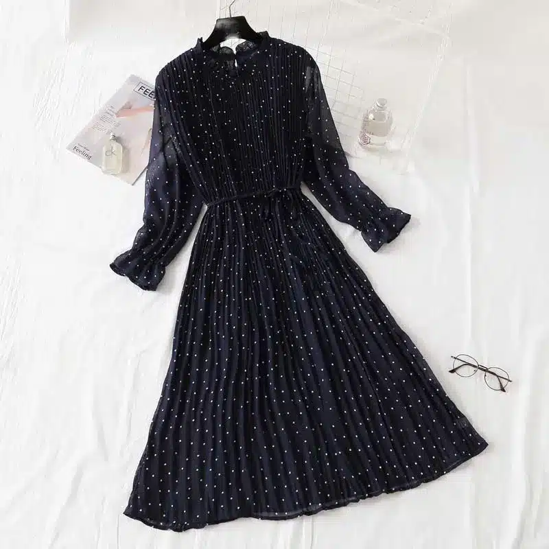 Women Print Pleated Chiffon Dress 2019 Spring Summer New Hot Fashion Female Casual Flare Sleeve Lotus leaf neck Basic Dresses 6