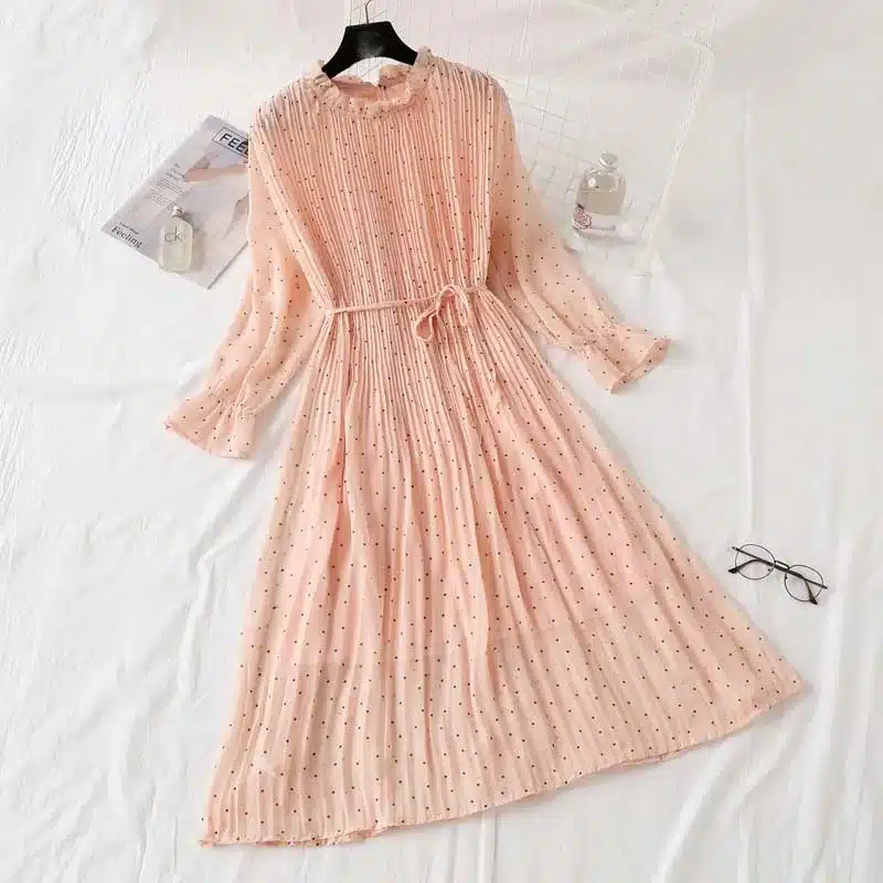 Women Print Pleated Chiffon Dress 2019 Spring Summer New Hot Fashion Female Casual Flare Sleeve Lotus leaf neck Basic Dresses 7