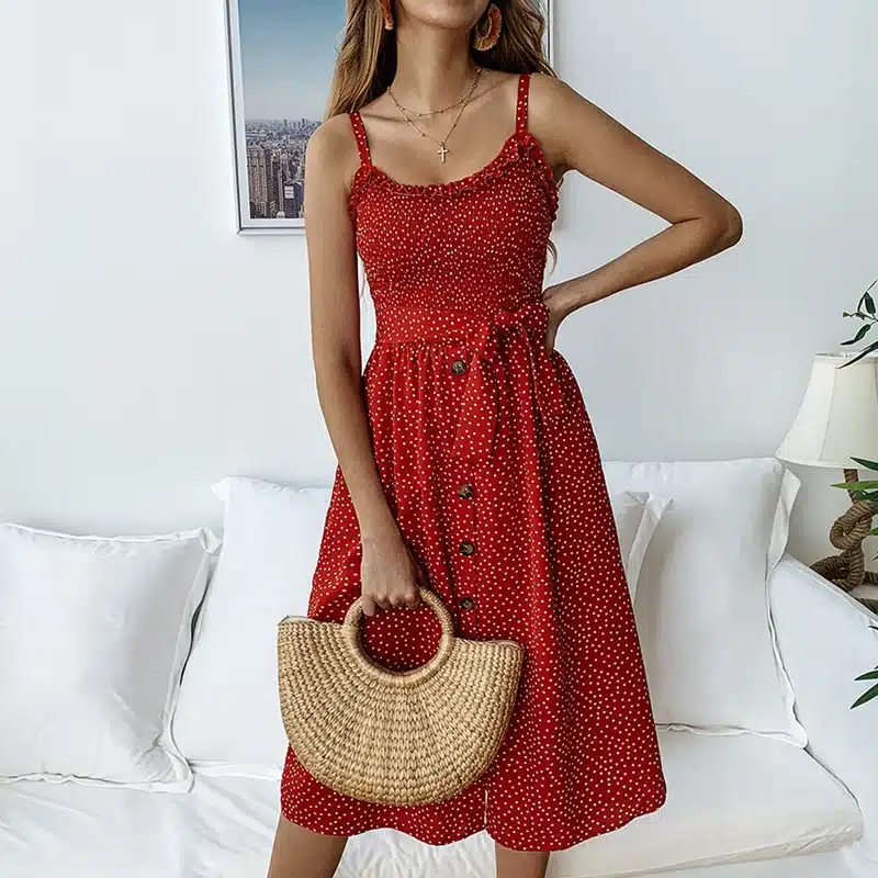 VIEUNSTA Polka Dot Print Sundress 2019 Strapless Ruffle Sashes Tied Bow A-Line Dress Women Button Backless Summer Beach Dresses 11