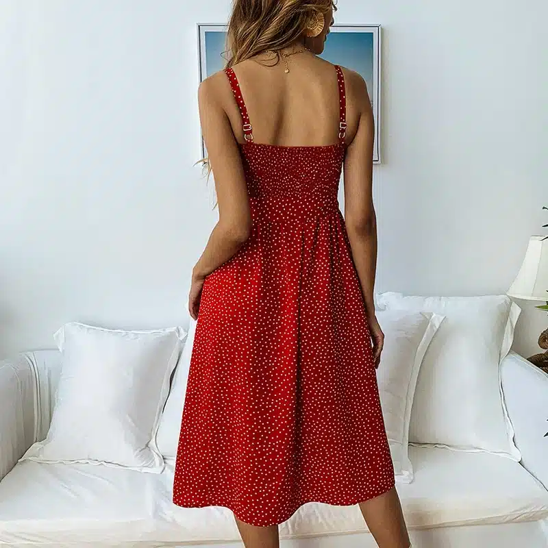 VIEUNSTA Polka Dot Print Sundress 2019 Strapless Ruffle Sashes Tied Bow A-Line Dress Women Button Backless Summer Beach Dresses 12