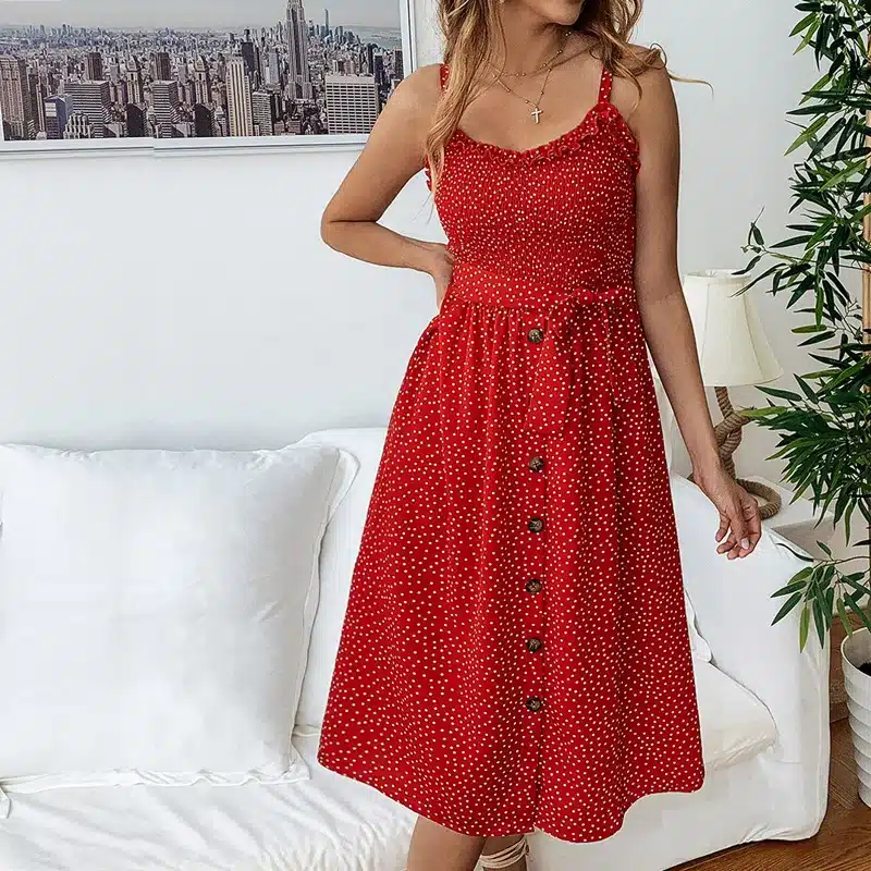 VIEUNSTA Polka Dot Print Sundress 2019 Strapless Ruffle Sashes Tied Bow A-Line Dress Women Button Backless Summer Beach Dresses 13
