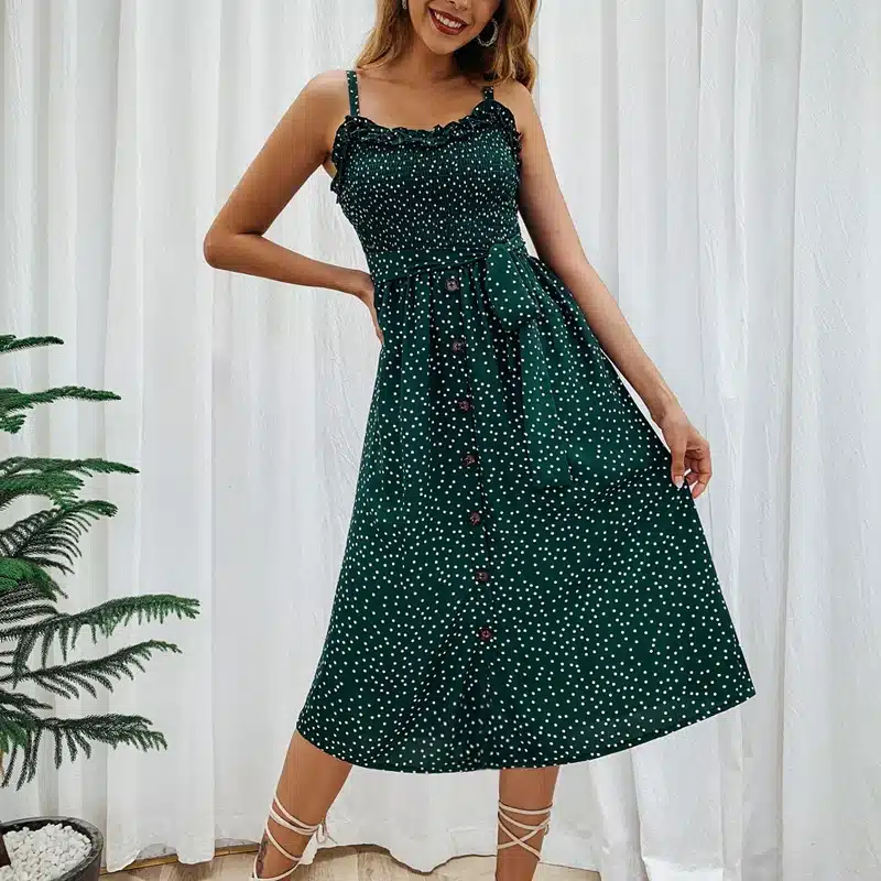 VIEUNSTA Polka Dot Print Sundress 2019 Strapless Ruffle Sashes Tied Bow A-Line Dress Women Button Backless Summer Beach Dresses 15
