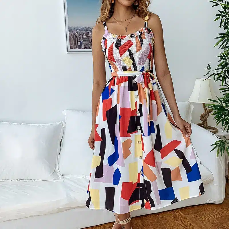VIEUNSTA Polka Dot Print Sundress 2019 Strapless Ruffle Sashes Tied Bow A-Line Dress Women Button Backless Summer Beach Dresses 21