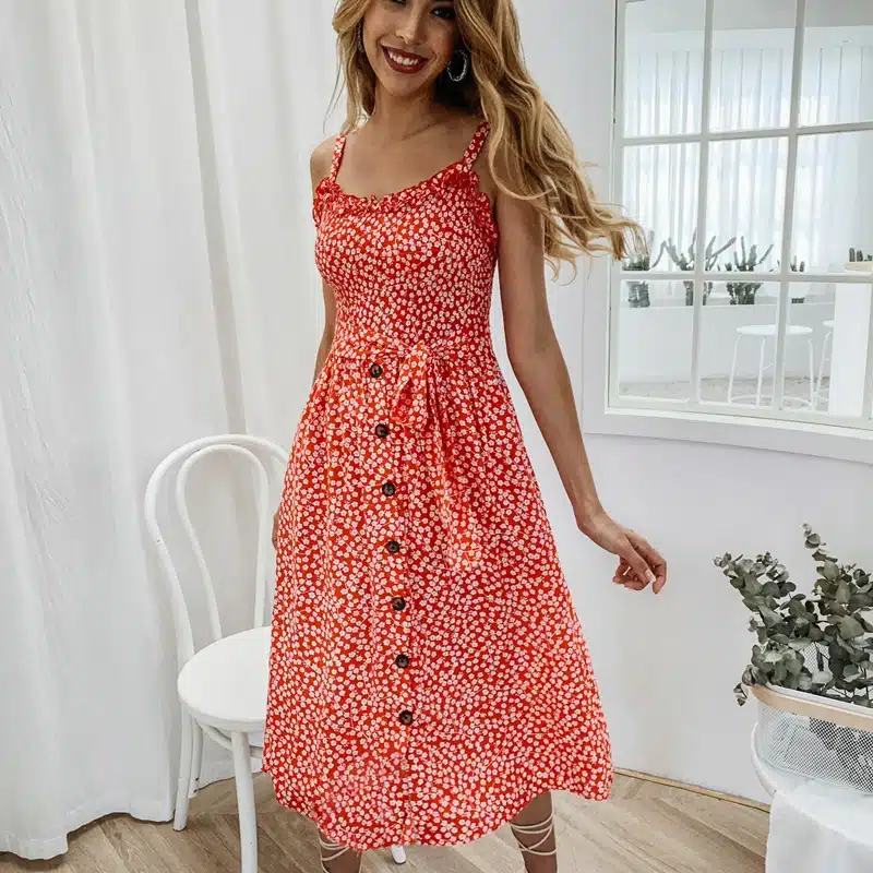 VIEUNSTA Polka Dot Print Sundress 2019 Strapless Ruffle Sashes Tied Bow A-Line Dress Women Button Backless Summer Beach Dresses 28