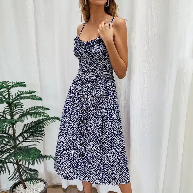 VIEUNSTA Polka Dot Print Sundress 2019 Strapless Ruffle Sashes Tied Bow A-Line Dress Women Button Backless Summer Beach Dresses 31